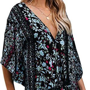 Farktop Womens Floral V Neck Tie Knot Front Blouses Bat Wing Short Sleeve Chiffo
